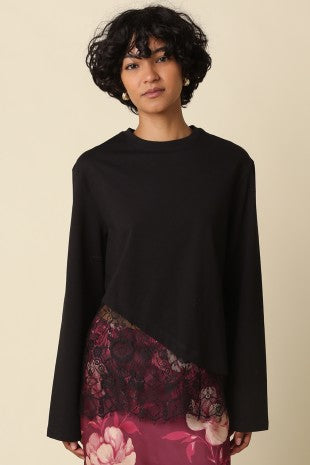 Cotton Asymmetric Lace Trim Black Top