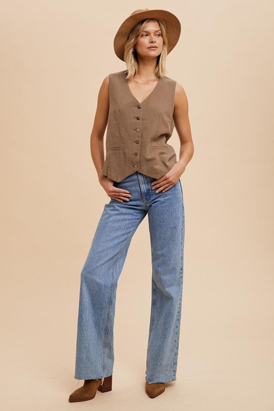 Cotton Linen Blend Vest Brown
