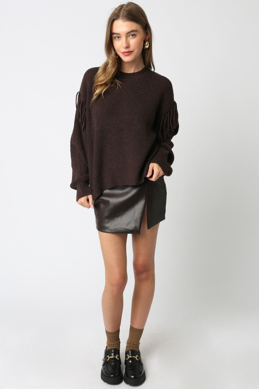 Mesina Fringe Knit Espresso Brown Sweater