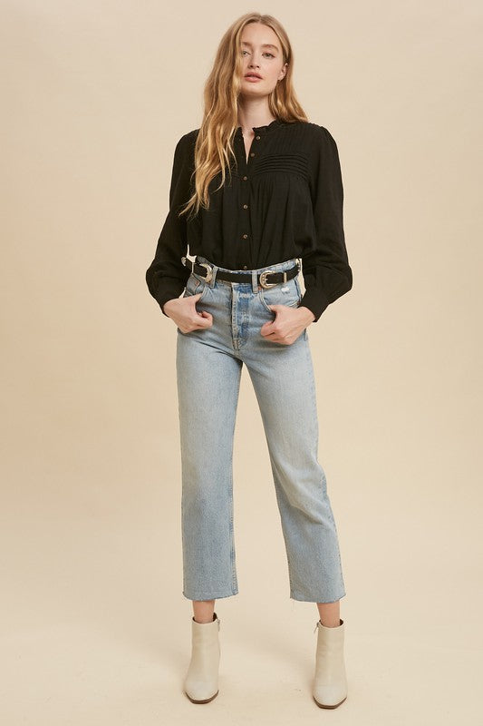 Pintuck Pleated Mock Neck Cotton Blouse Black