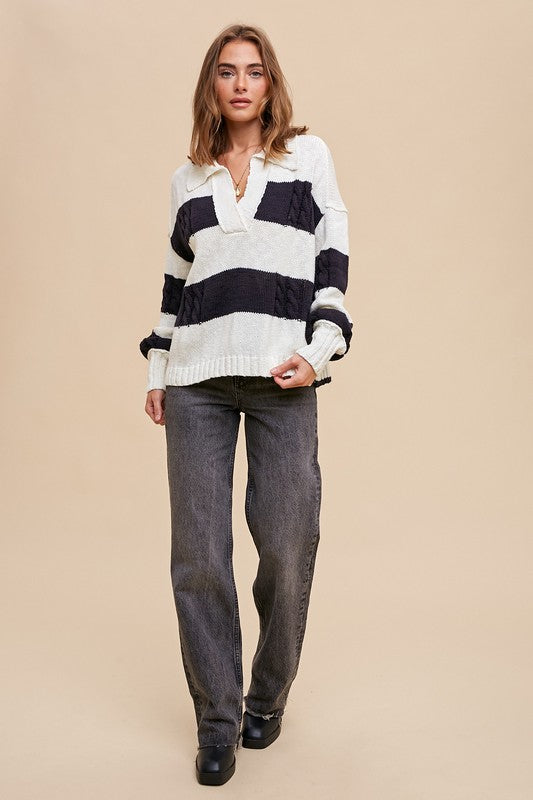 Striped Cotton Rugby Cable Knit Sweater Black