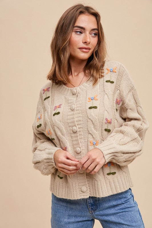 Embroidered Cable Knit Cardigan – Mota Boutique