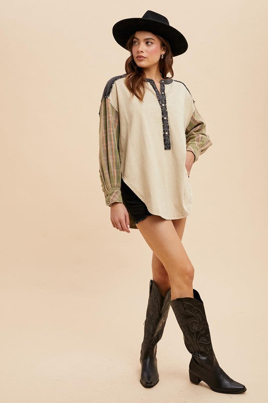 Vintage Washed Oversized Contrast Black Jean Denium Plaid Henley Top