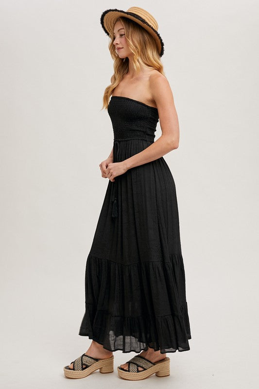 Smocked Strapless Tiered Ruffle Maxi Dress