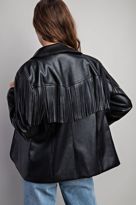 Fringe Faux Leather Collar Jacket
