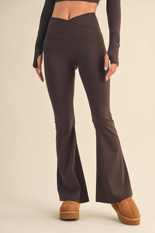 High Waist Crossover No Front Seam Flare Legging Espresso Brown