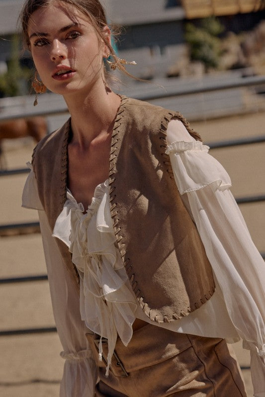 Sheer Long Flare Sleeve Ties Ruffle Lace Ivory Blouse