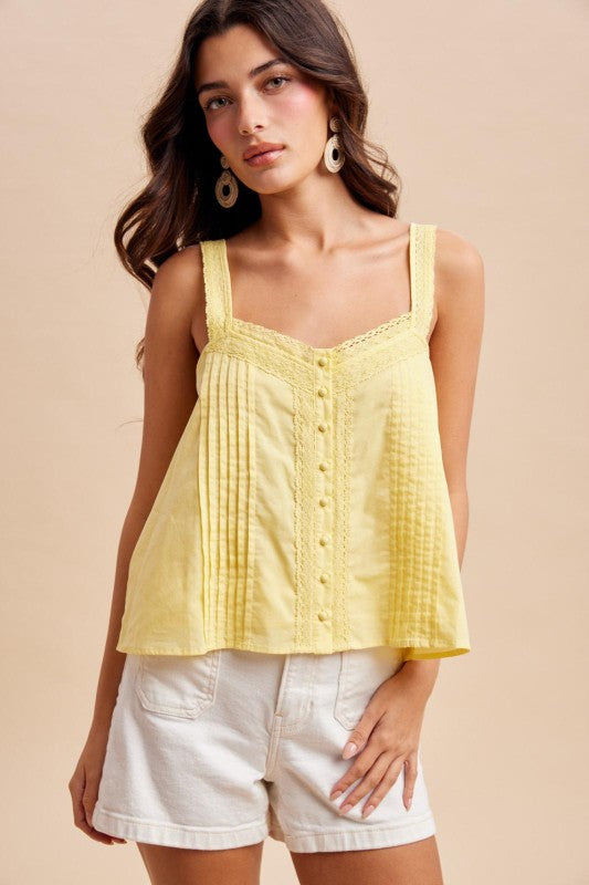 Roize Cotton Pintuck Lace Yellow Tank Top