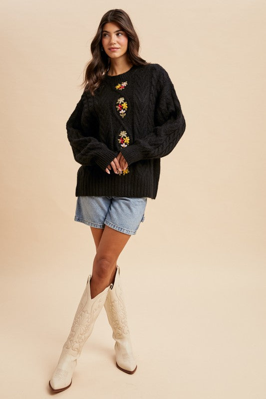 Cable Knit Pullover Black Floral Embroidered Sweater