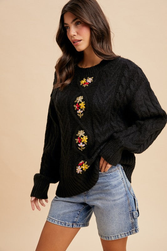 Cable Knit Pullover Black Floral Embroidered Sweater