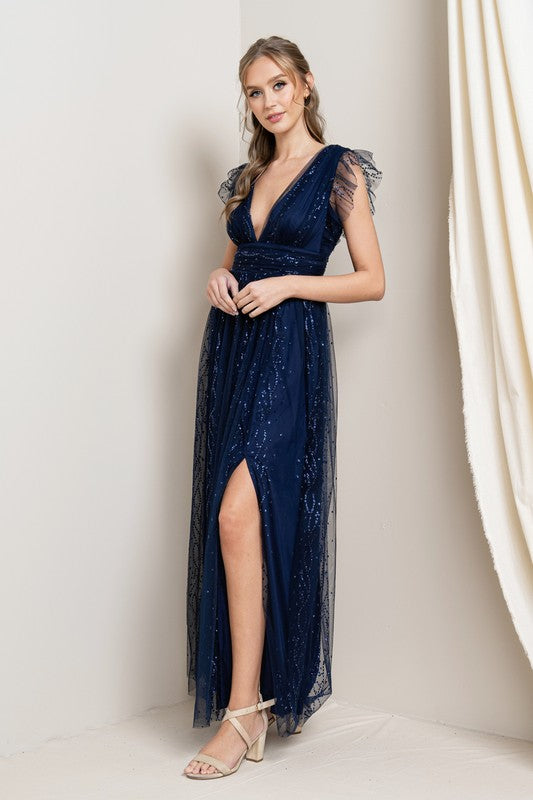 Shimmer Tulle Overlay Maxi Dress NAVY