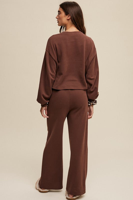 Long Sleeve Top and Pants Athleisure Lounge Set - Espresso Brown