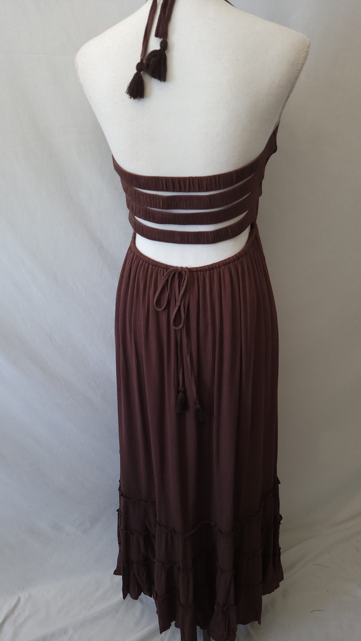 Smocked LATTICE Back Halter Maxi Brown Dress