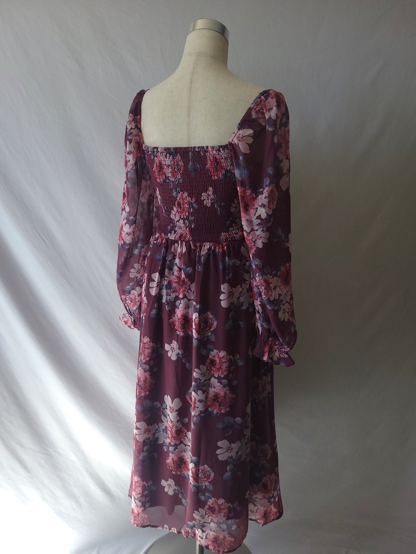 Floral Ruched Bust Long Sleeve Slit Midi Dress