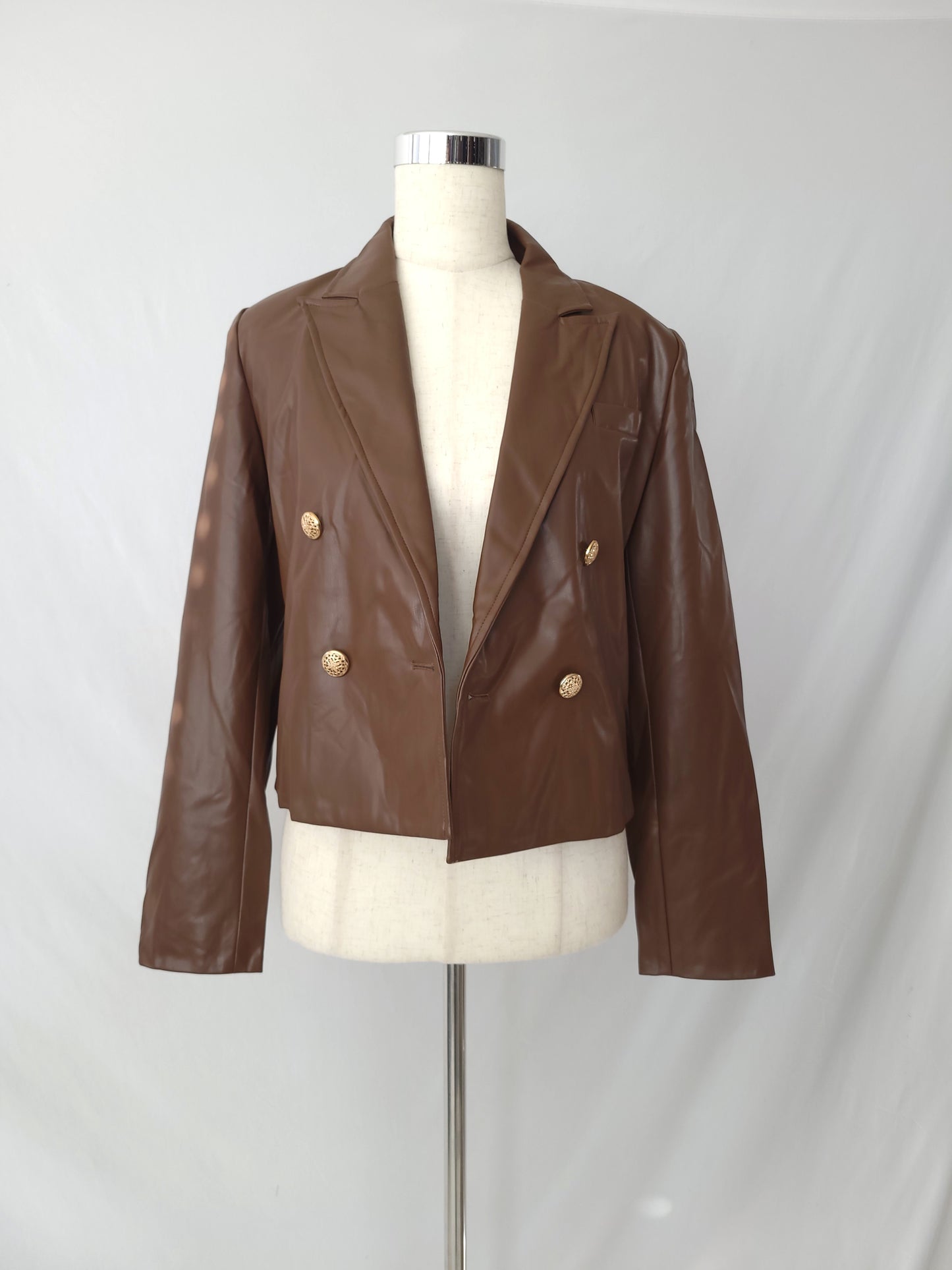 Faux Leather Cropped Moto Jacket BROWN