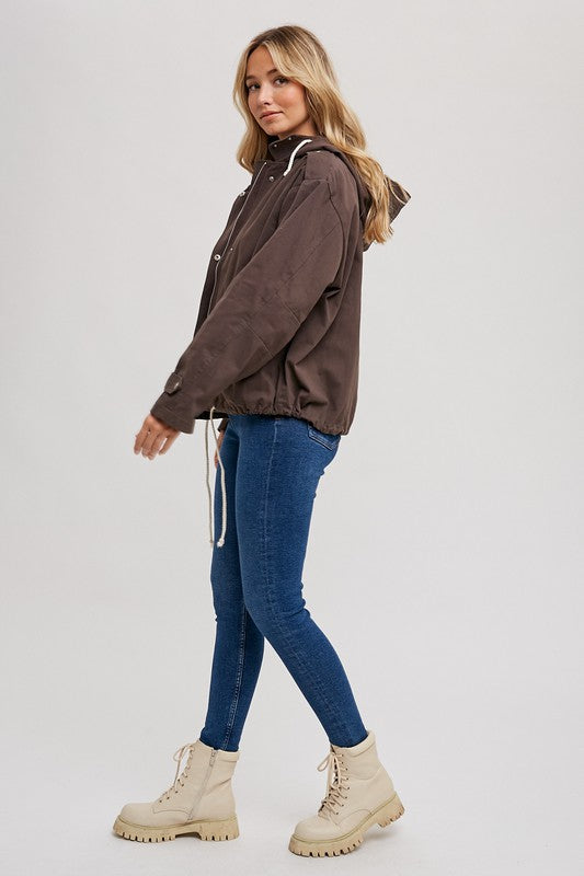 Drawstring Hooded Cotton Jacket Espresso Brown