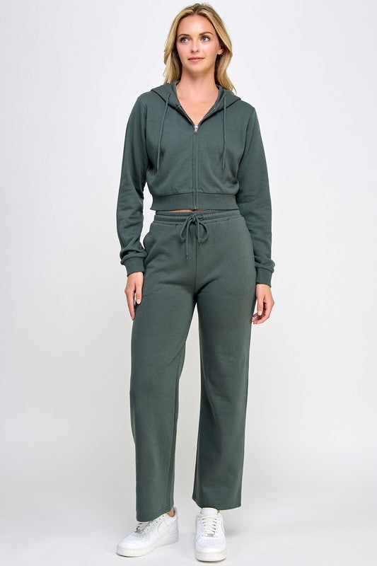 FLEECE RELAX FIT CROP ZIP UP PULLOVER HOODIE CHIC GREEN S-XL