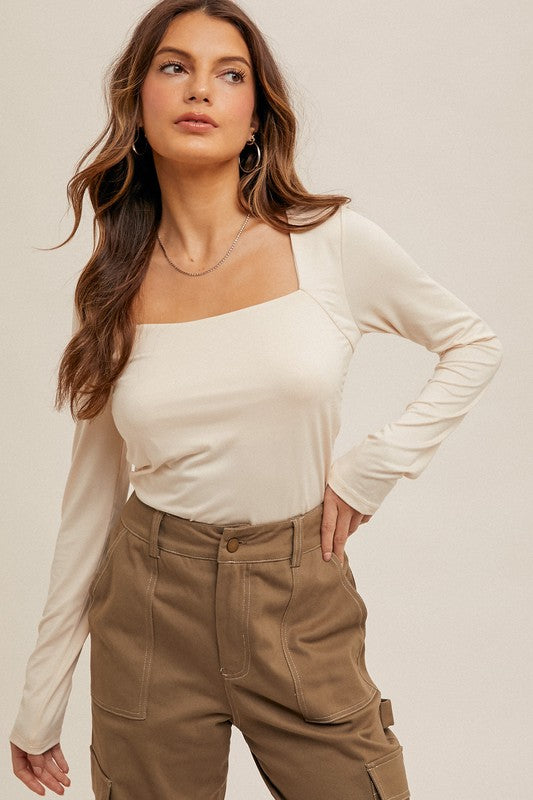 Ruched Waist Square Neck Top OFF WHITE