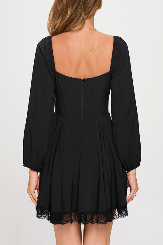 Lace Trim Long Sleeve Mini Dress Black