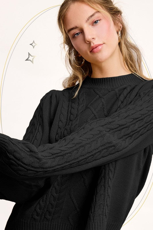 Soft Crew Neck Cable Knit Sweater DARK CHARCOAL