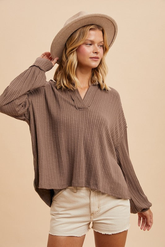 Quarter Split Oversized Polo Top Brown