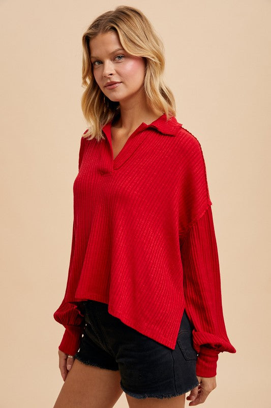 Quarter Split Oversized Polo Top Cranberry