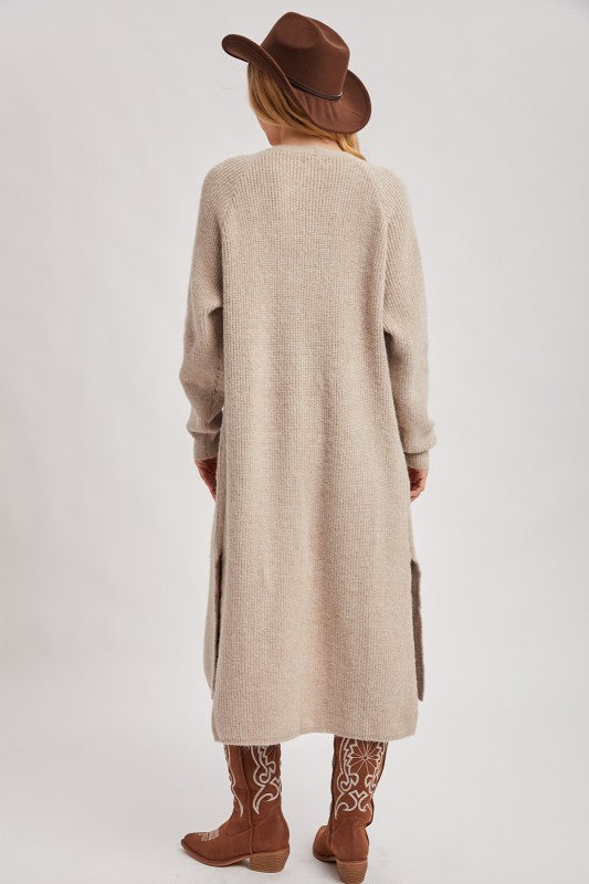 Longline Open Front Side Slit Cardigan Oatmeal