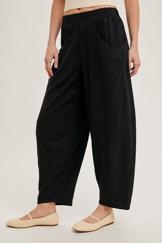 Relaxed Barrel Linen Pants With Pockets Black