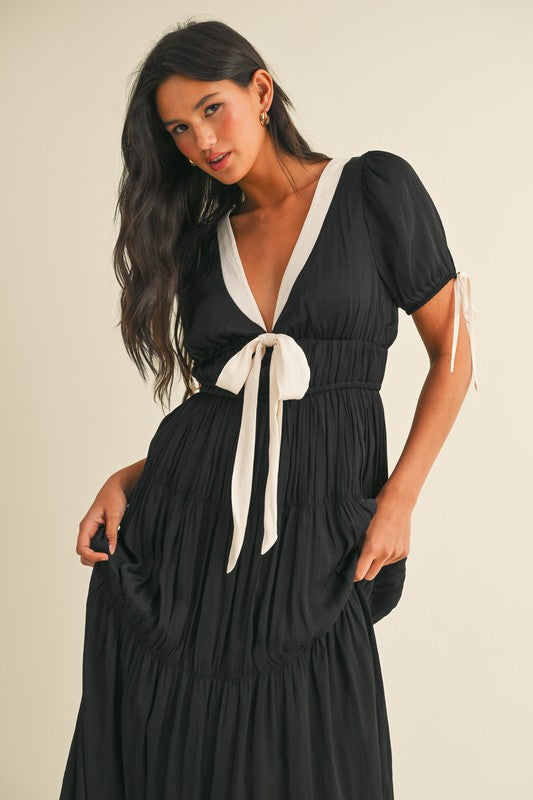 Contrast Bow CHARMEUSE Puff Sleeves Maxi Dress