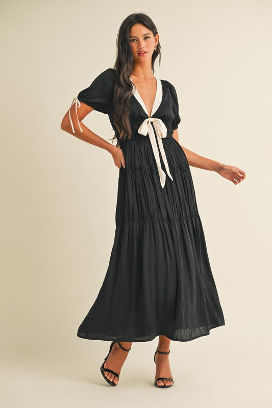 Black Contrast Bow Charmeuse Puff Sleeve Maxi S