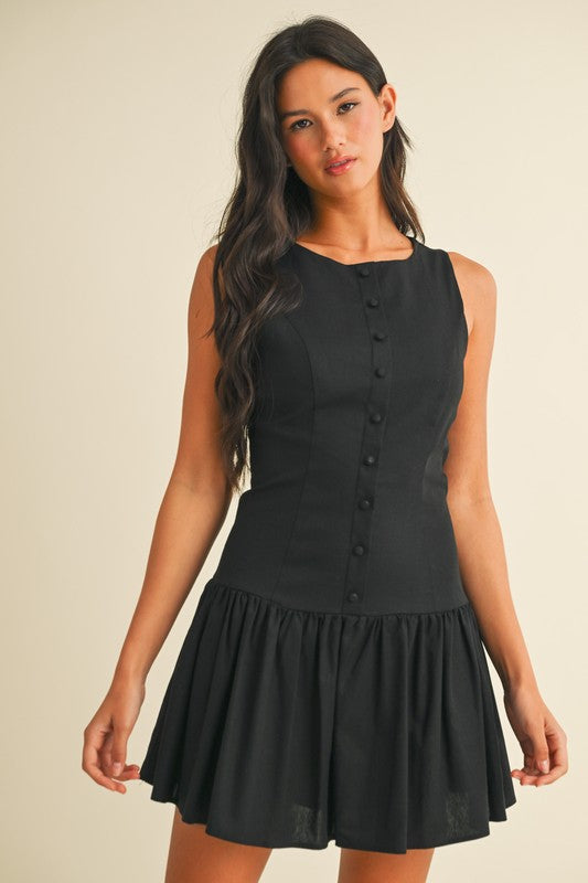 Drop Waist Button Detailed Flared Mini Dress