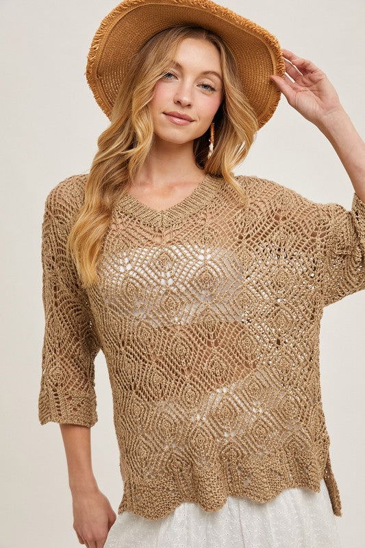 Crochet Oversized Open Knit 3/4 Sleeved Pullover Top Coffee Brown