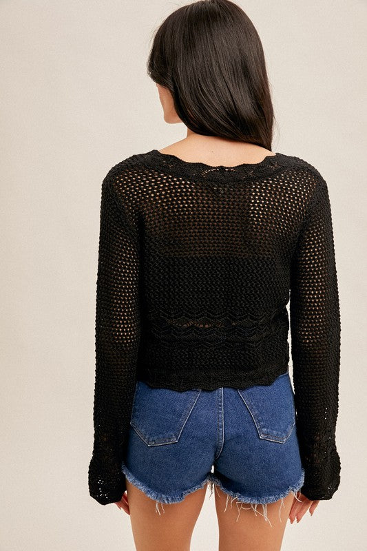 Open Crochet Knit Tie Front Crop Cardigan Black