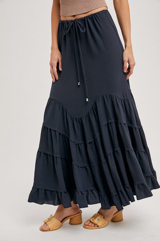 Ruffled Drawstring Wasit Maxi Skirt Charcoal