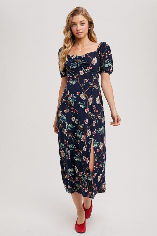 Floral Print Sweetheart Neckline Smocked Back Midi Dress Navy