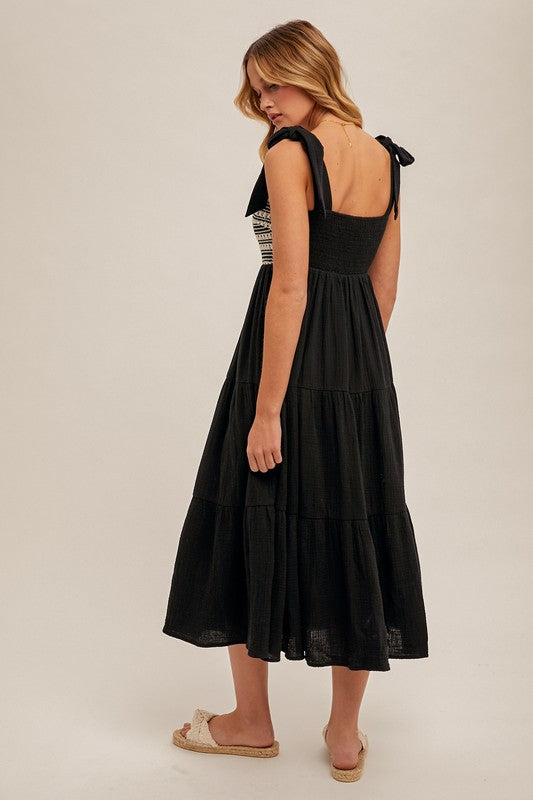 Crochet Bust Shoulder Tie Tiered Midi Dress