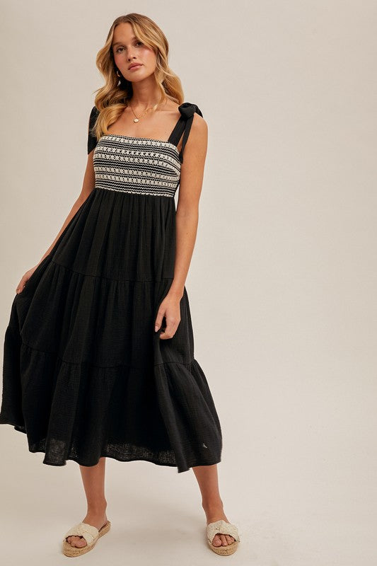 midi shoulder tie dress Crochet Bust Shoulder Tie Tiered Midi Dress Medium