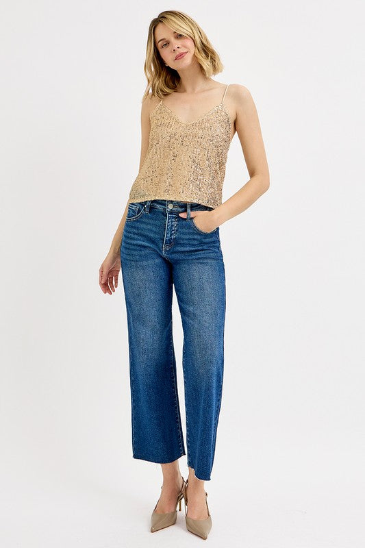 Tummy Control Crop Wide Adjustable Waist Band Risen Jeans