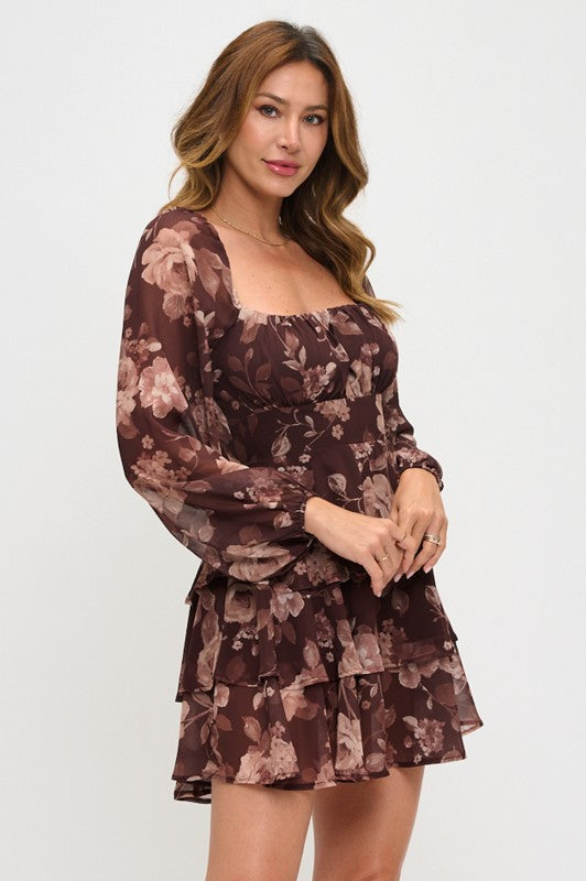 Floral Long Sleeve Triple-layer Mini Dress Brown