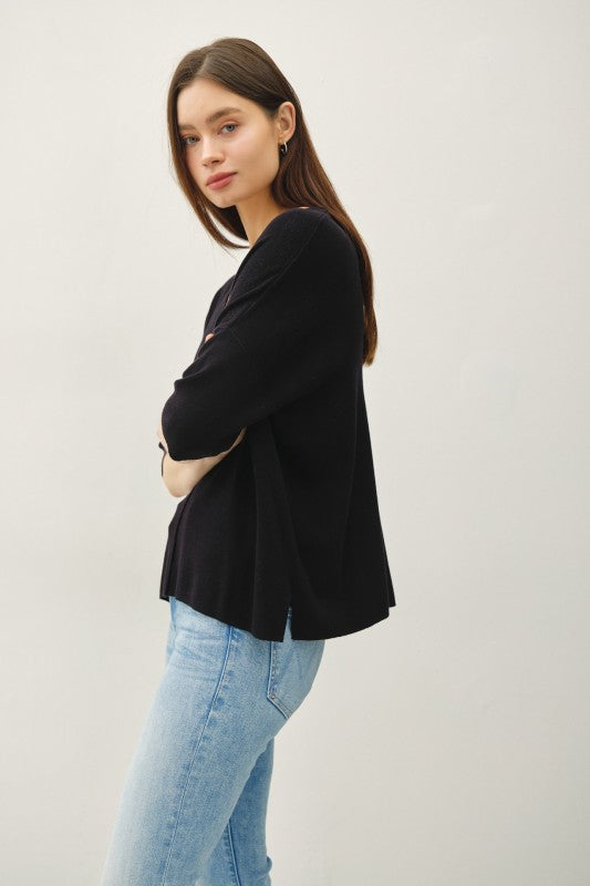 V-neck Dropped Shoulder Half Sleeve Sweater Top Black
