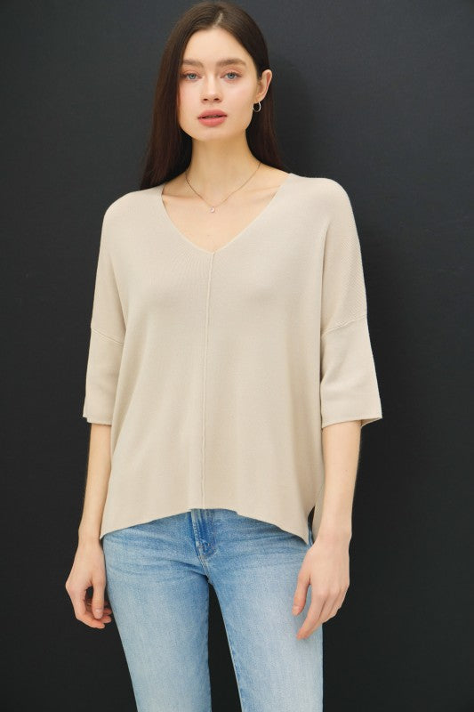 V-neck Dropped Shoulder Half Sleeve Sweater Top Cream