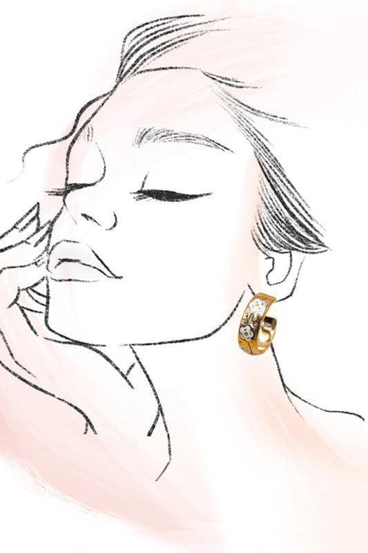 Vintage Cloisonne Floral Huggie Hoop Earrings