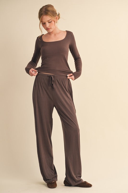 Soft Knit Jersey Square Neck Long Sleeve Top Espresso Brown