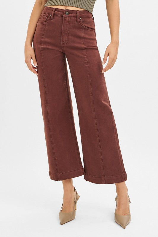 Tummy Control High Rise Front Seam Crop Wide Pants Brown