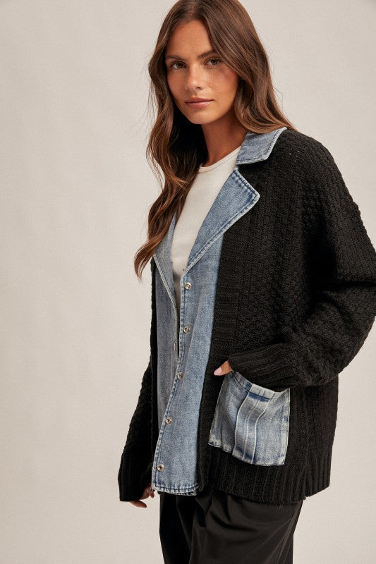 Oversized Denim Contrast Sweater Cardigan Black