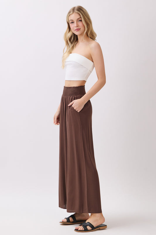 Wide Smocked Waist Wide Leg Crop Pants Espresso Brown