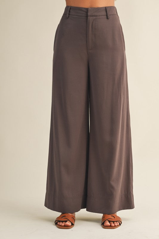 Elastic High Waist Wide Leg Brown Pants