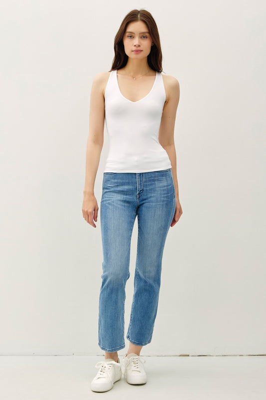 Soft Compression Double Layer Basic Full Length V-neck White Tank Top