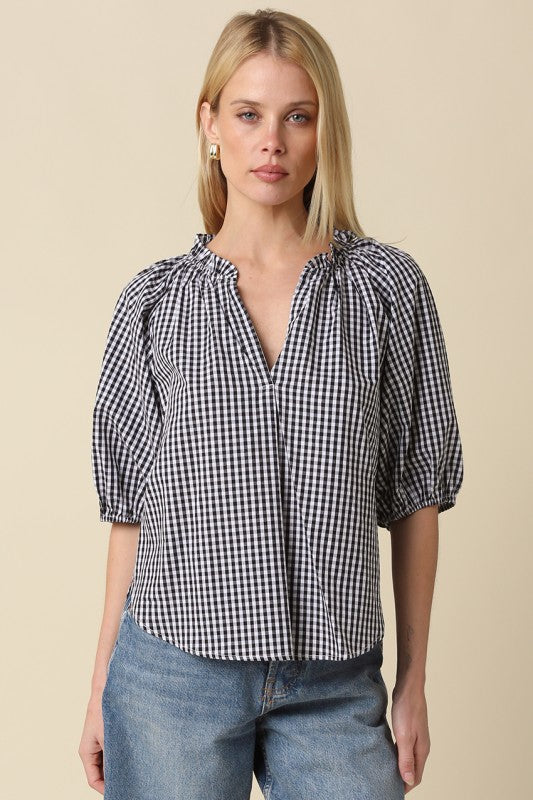 Morgan Gingham Puff-sleeve Shirt