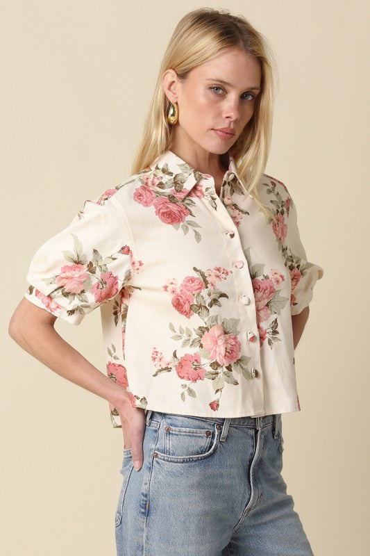 Carlie Floral Puff-sleeve Button Top